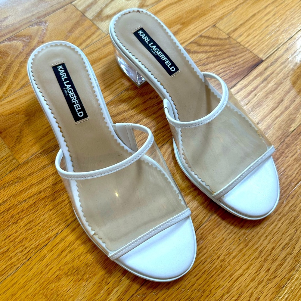 Karl Lagerfeld size 8.5 white/ clear block heels